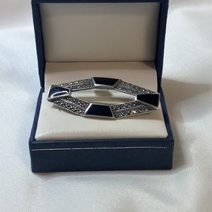 Sterling Silver Art Deco Black Onyx/Marcasite Brooch